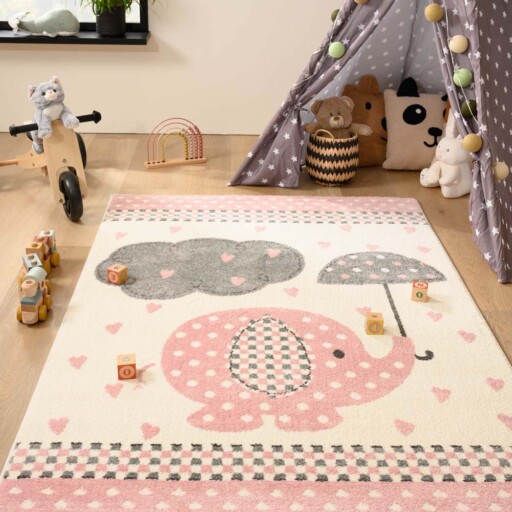 Vloerkleed kinderkamer olifant - Adventures crème/roze