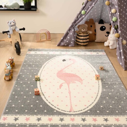 Vloerkleed kinderkamer Flamingo - Adventures roze/grijs