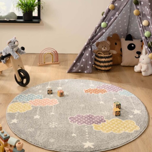 Rond vloerkleed kinderkamer wolk - Snoozy grijs/multi