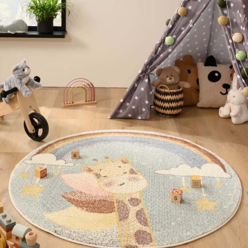 Rond vloerkleed kinderkamer giraffe - Snoozy blauw/multi