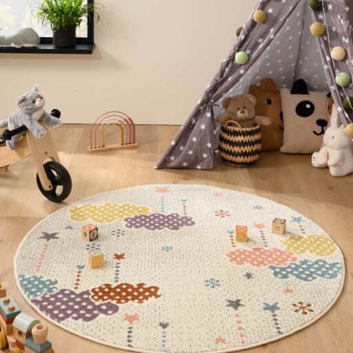 Rond vloerkleed kinderkamer wolk - Snoozy wit/multi