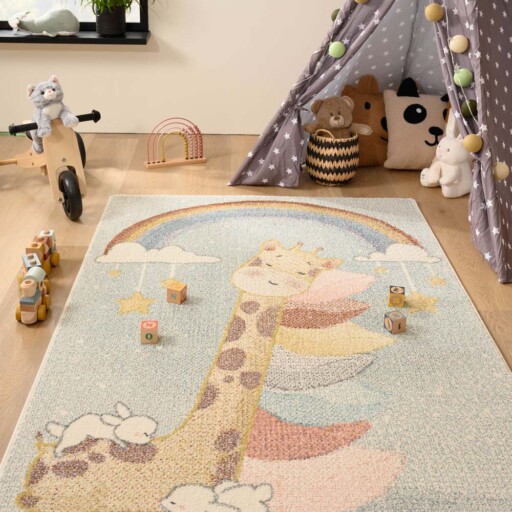 Vloerkleed kinderkamer giraffe - Snoozy blauw/multi